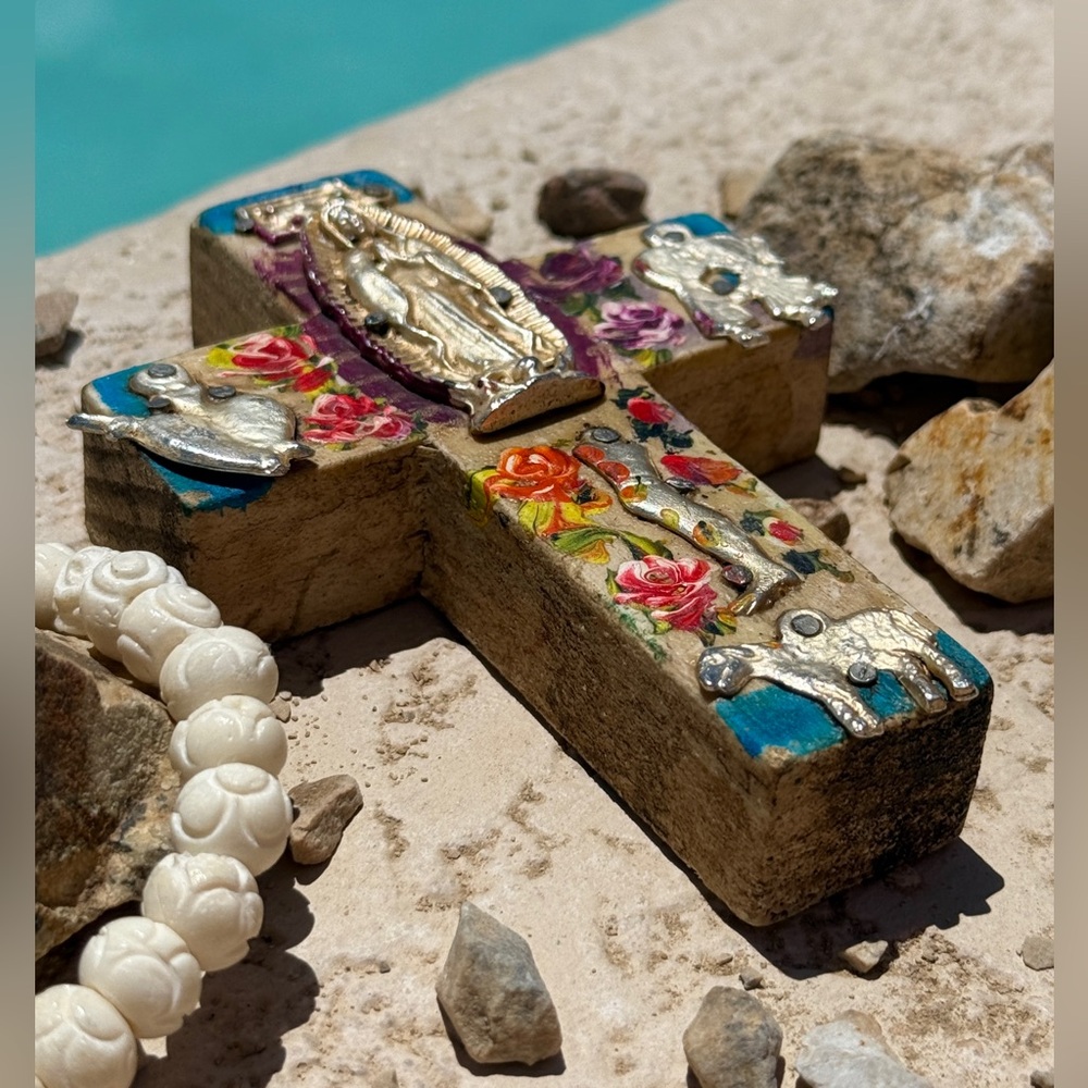 Milagro Silver Metal Charm Spanish Folk Art Painted Wood Cross-Ocean Blue - Picture 4 of 9